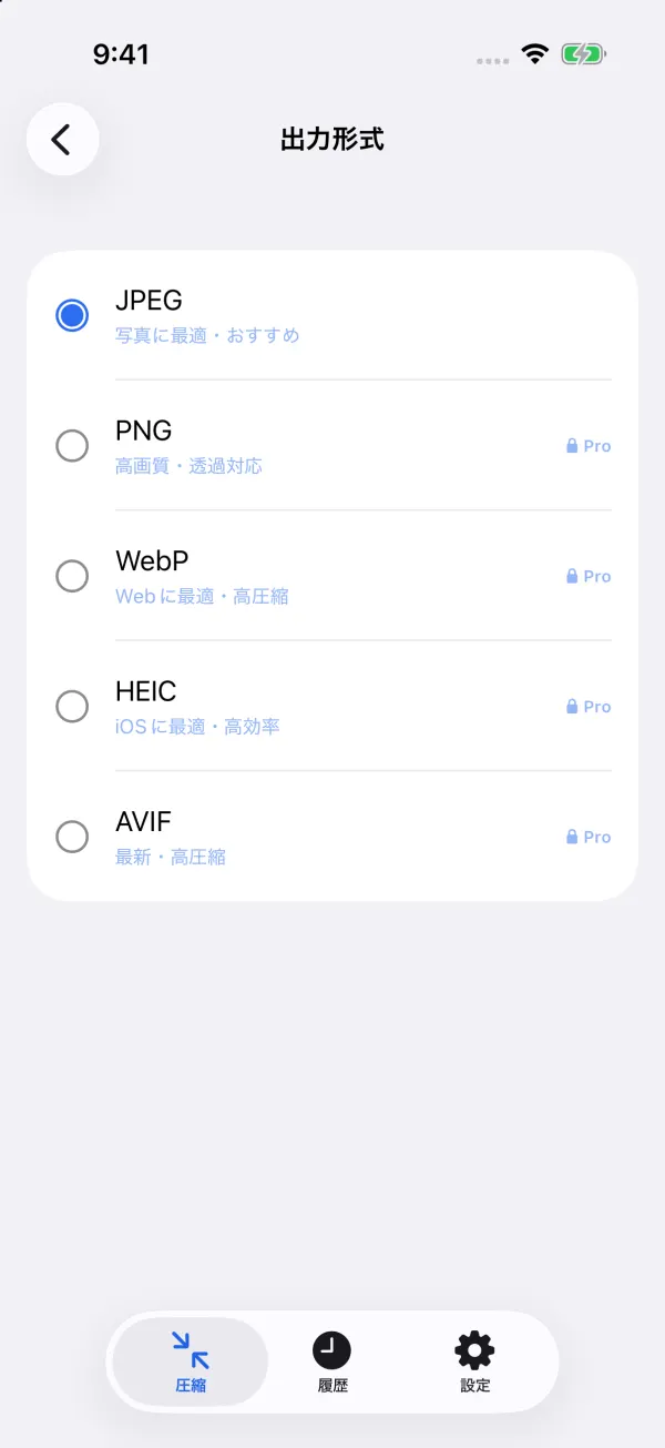 Choosing the output format: JPEG (best for photos, recommended), PNG, WebP, HEIC and more.